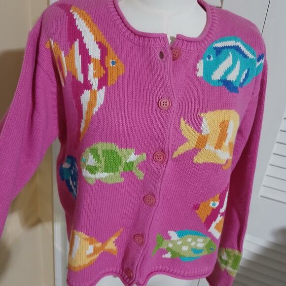 Vintage THYME Medium Ramie/cotton Hot Pink Cardigan TROPICAL FISH sweater - Picture 4 of 15